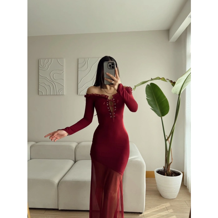 Kuşgözü Tül Maxi Elbise - MÜRDÜM