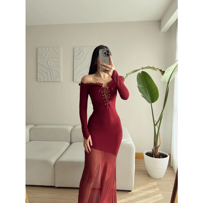 Kuşgözü Tül Maxi Elbise - MÜRDÜM