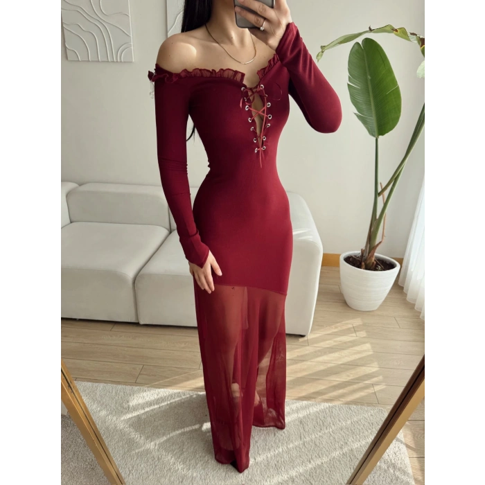 Kuşgözü Tül Maxi Elbise - MÜRDÜM