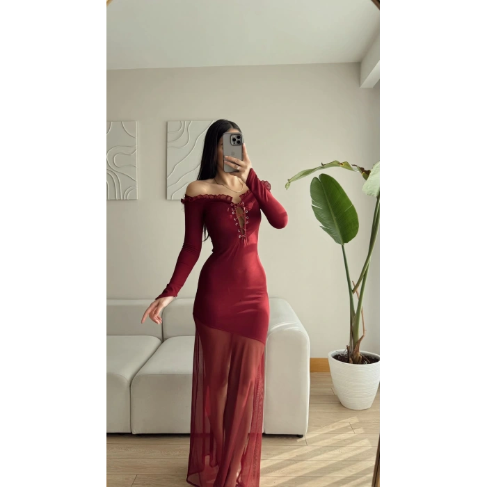 Kuşgözü Tül Maxi Elbise - MÜRDÜM