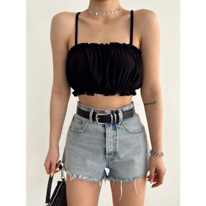 Lastikli Büzgülü Crop-SİYAH