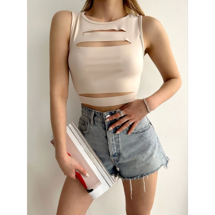 Lazer Kesim Sandy Kumaş Crop-BEJ