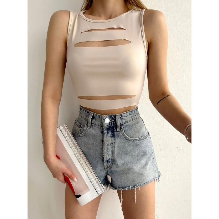 Lazer Kesim Sandy Kumaş Crop-BEJ