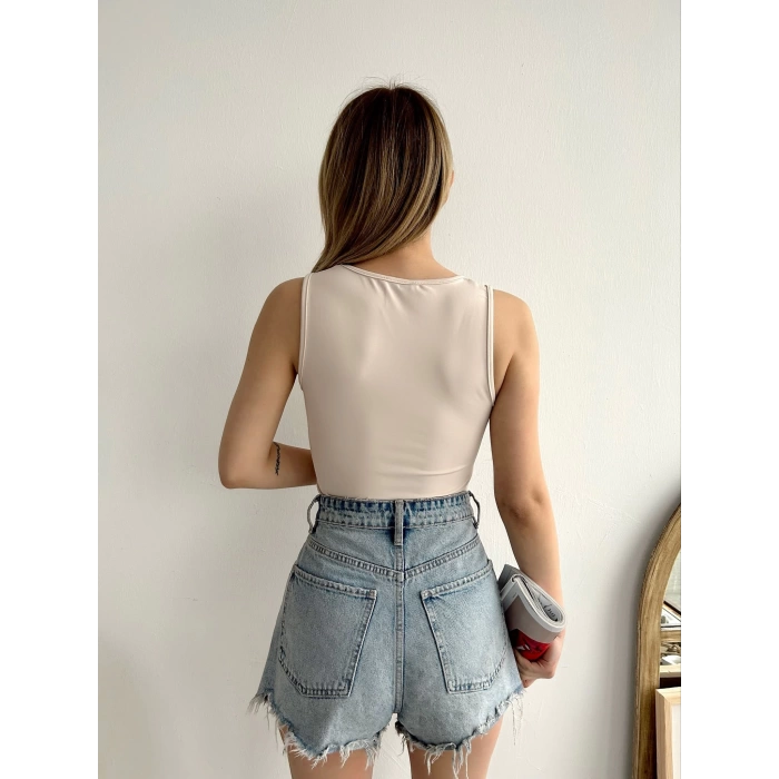 Lazer Kesim Sandy Kumaş Crop-BEJ