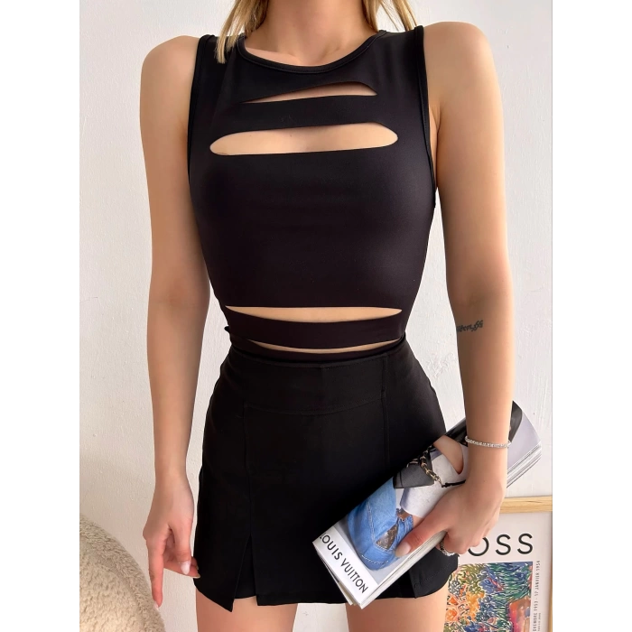 Lazer Kesim Sandy Kumaş Crop-SİYAH