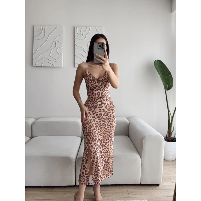 Leopar Desen Askılı Derin Yırtmaç Elbise - KAHVE