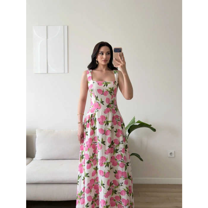 Limon Desen Dokuma Maxi Elbise - PEMBE