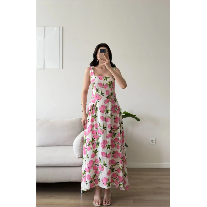 Limon Desen Dokuma Maxi Elbise - PEMBE