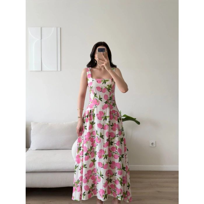 Limon Desen Dokuma Maxi Elbise - PEMBE