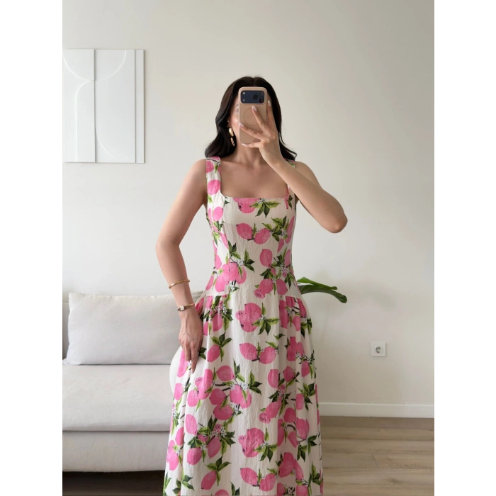 Limon Desen Dokuma Maxi Elbise - PEMBE