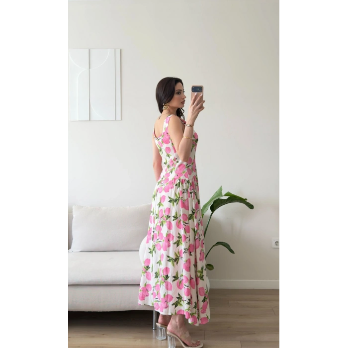 Limon Desen Dokuma Maxi Elbise - PEMBE