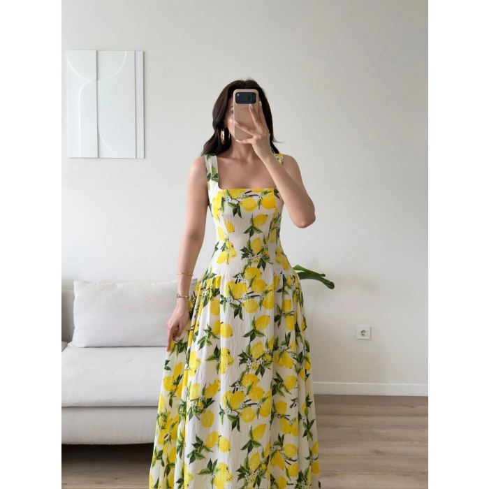 Limon Desen Dokuma Maxi Elbise - SARI