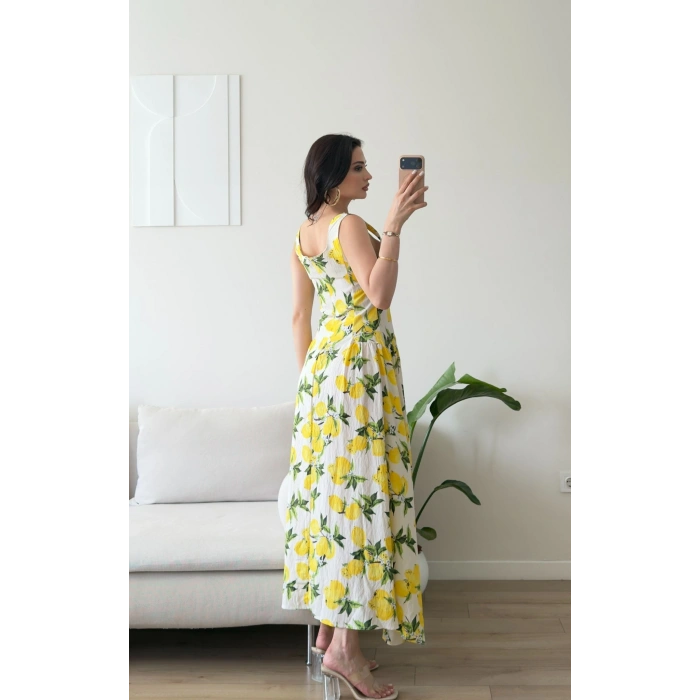 Limon Desen Dokuma Maxi Elbise - SARI