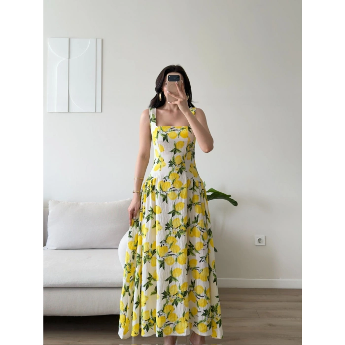 Limon Desen Dokuma Maxi Elbise - SARI