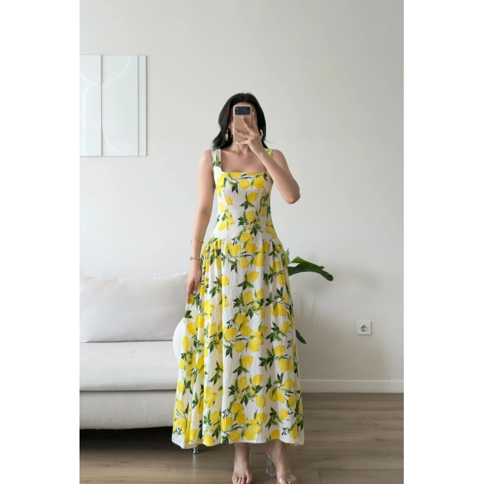 Limon Desen Dokuma Maxi Elbise - SARI