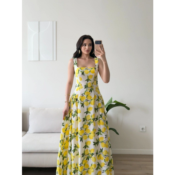 Limon Desen Dokuma Maxi Elbise - SARI