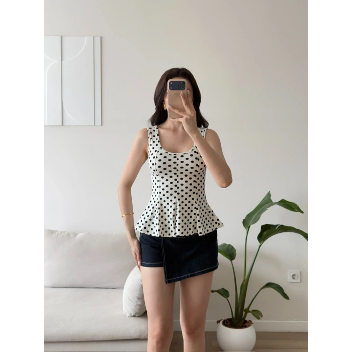 Luna Puantiyeli Peplum Bluz - BEYAZ