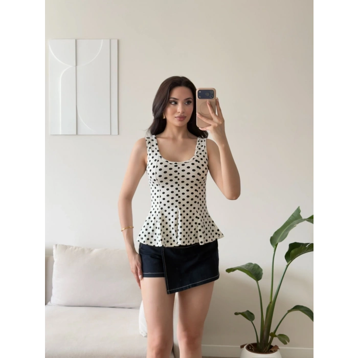 Luna Puantiyeli Peplum Bluz - BEYAZ