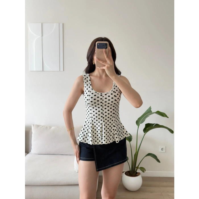 Luna Puantiyeli Peplum Bluz - BEYAZ