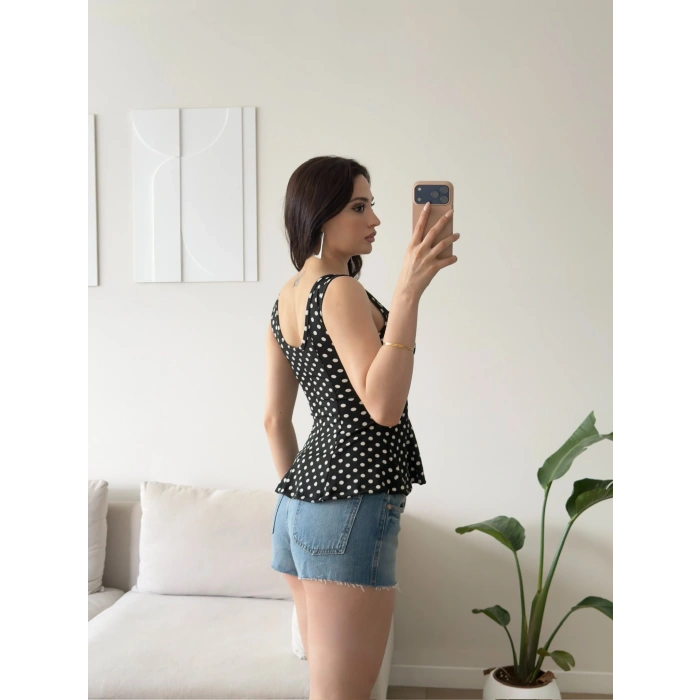 Luna Puantiyeli Peplum Bluz - SİYAH