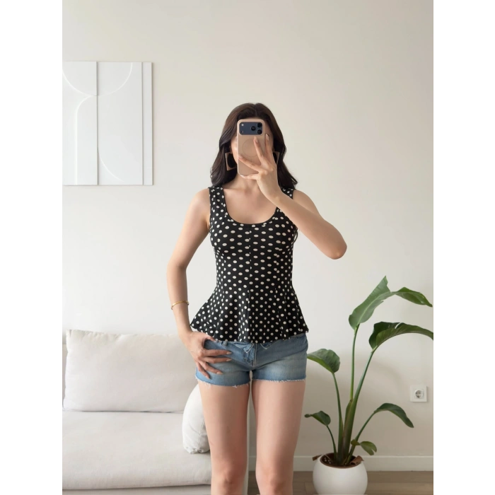 Luna Puantiyeli Peplum Bluz - SİYAH