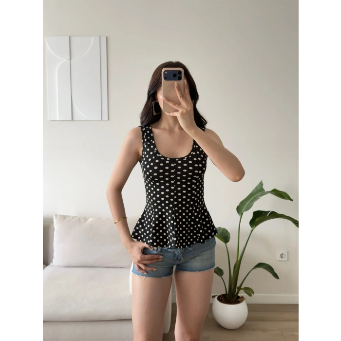 Luna Puantiyeli Peplum Bluz - SİYAH