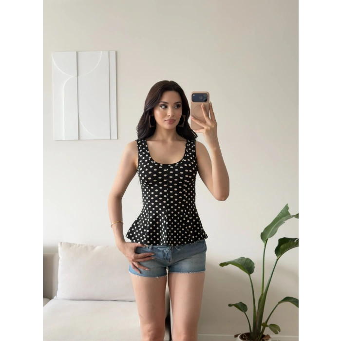 Luna Puantiyeli Peplum Bluz - SİYAH