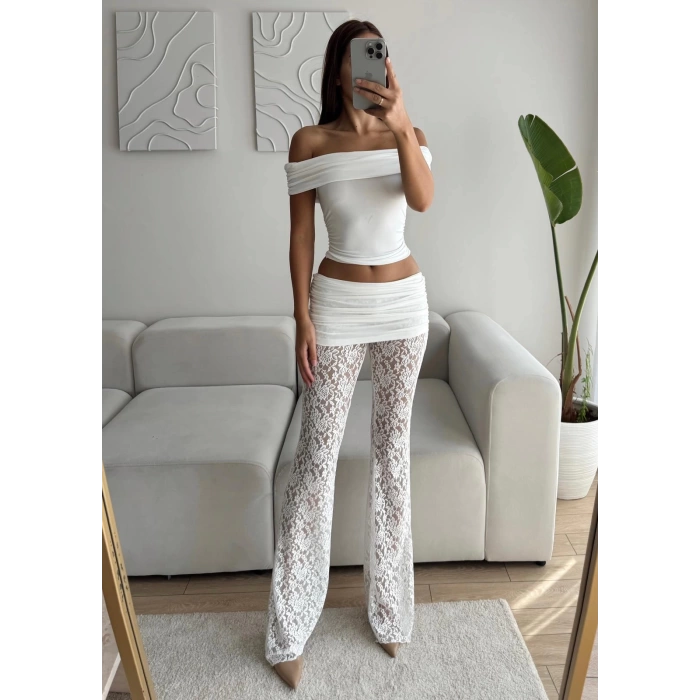 Madonna Crop & Dantel Pantolon Takım - BEYAZ