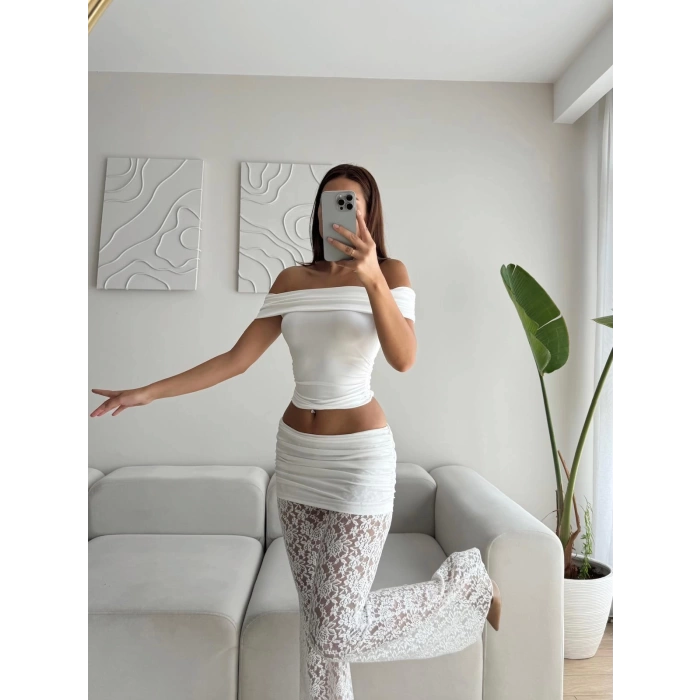 Madonna Crop & Dantel Pantolon Takım - BEYAZ