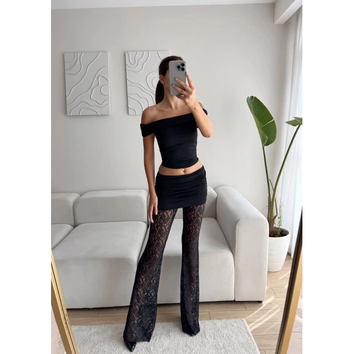 Madonna Crop & Dantel Pantolon Takım - SİYAH