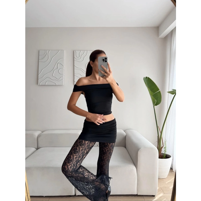Madonna Crop & Dantel Pantolon Takım - SİYAH