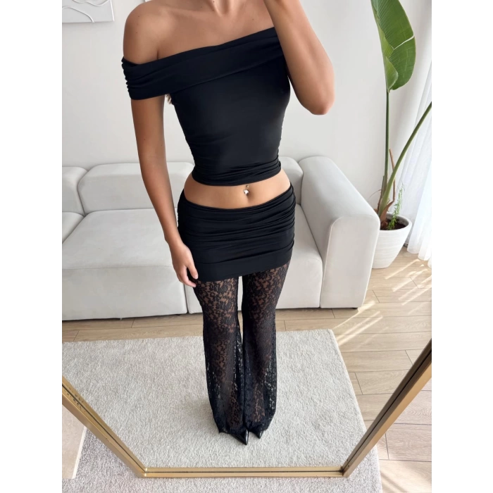 Madonna Crop & Dantel Pantolon Takım - SİYAH