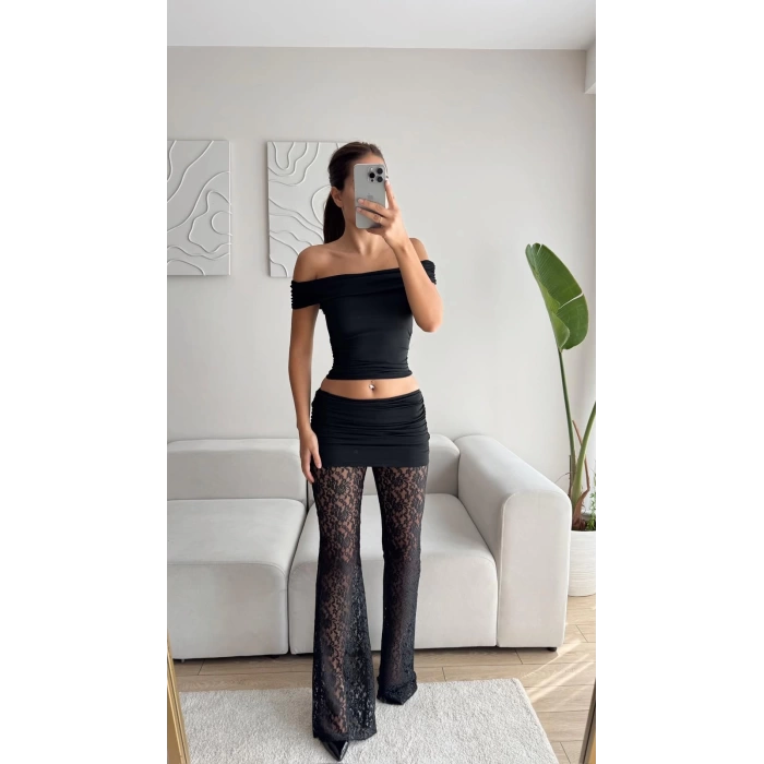 Madonna Crop & Dantel Pantolon Takım - SİYAH