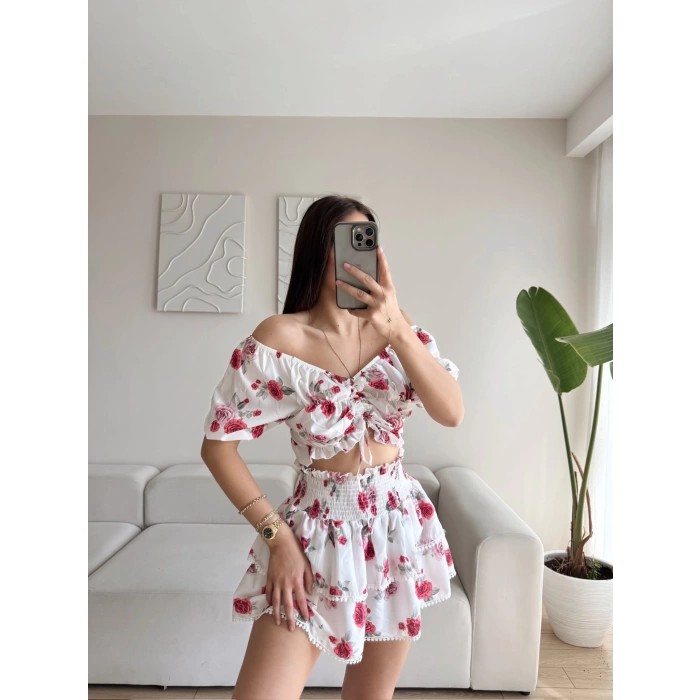 Madonna Crop & Etekli İkili Takım - KIRMIZI