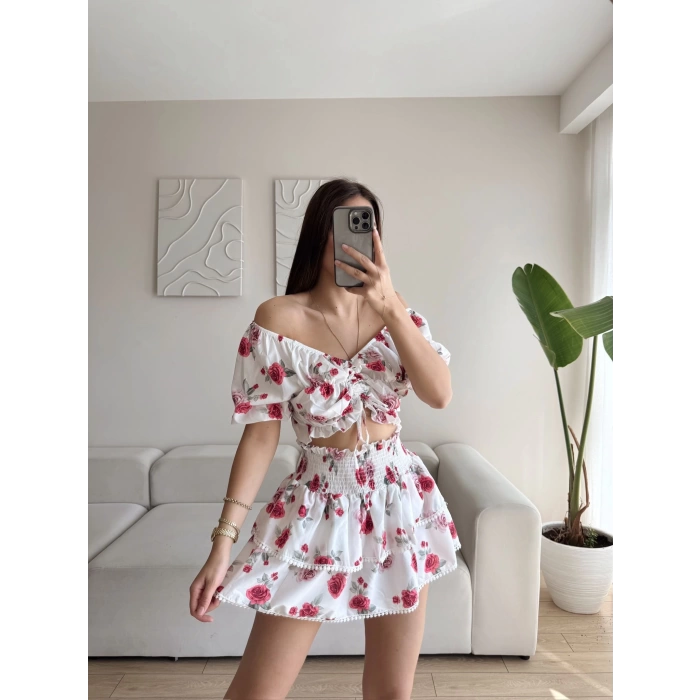 Madonna Crop & Etekli İkili Takım - KIRMIZI
