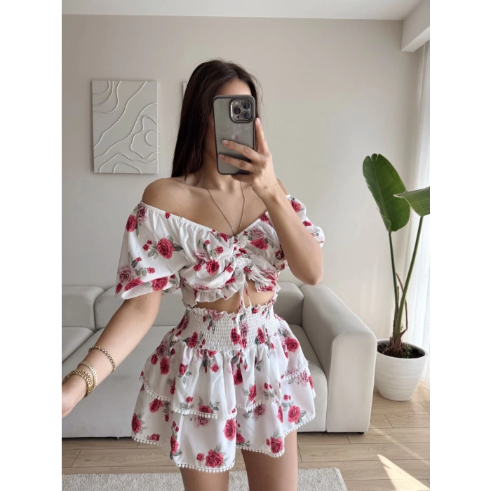 Madonna Crop & Etekli İkili Takım - KIRMIZI