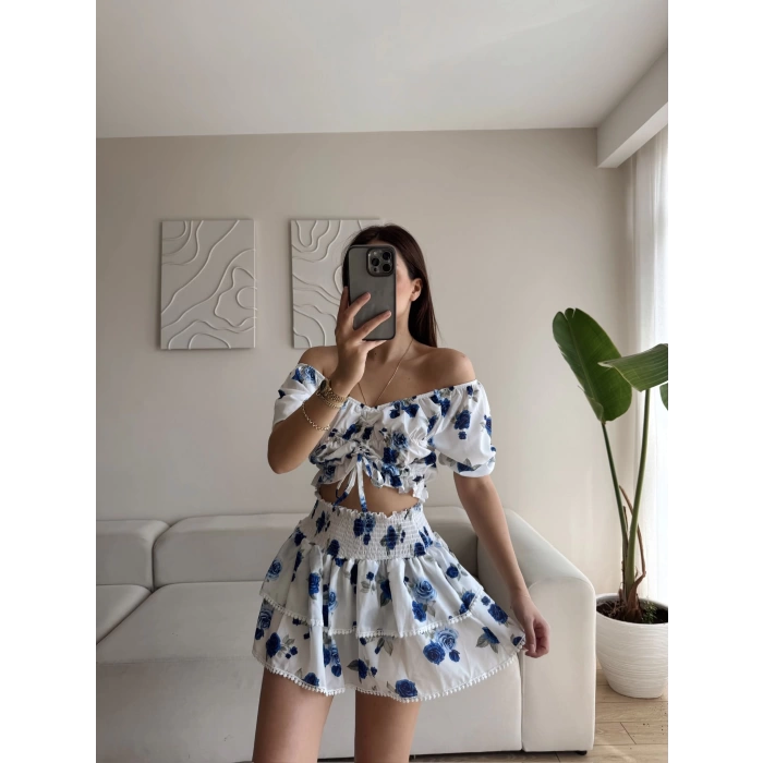 Madonna Crop & Etekli İkili Takım - MAVİ