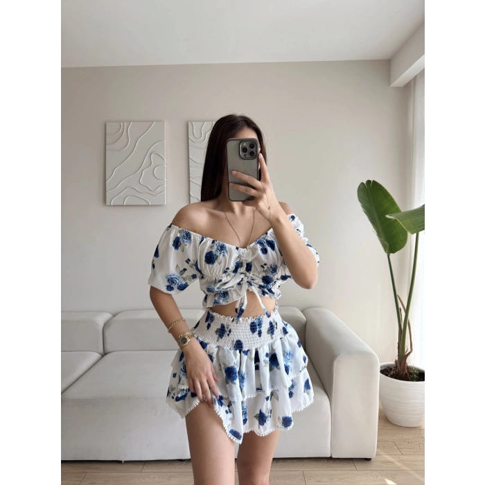Madonna Crop & Etekli İkili Takım - MAVİ
