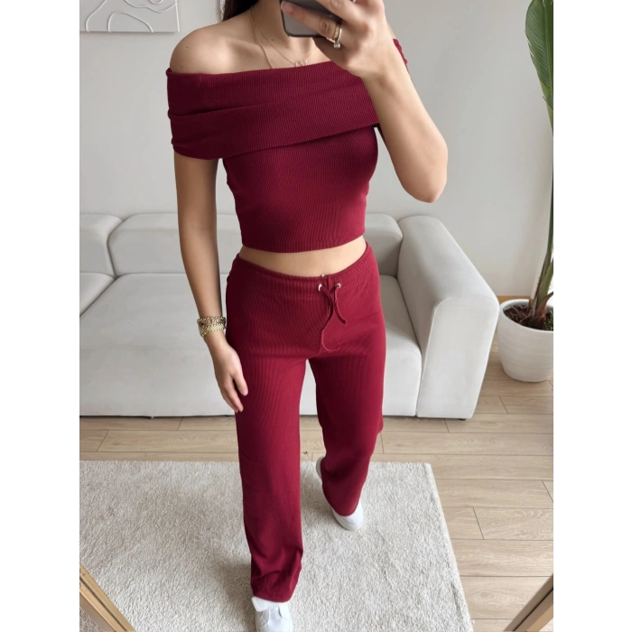 Madonna Crop & Pantolon Takım - BORDO