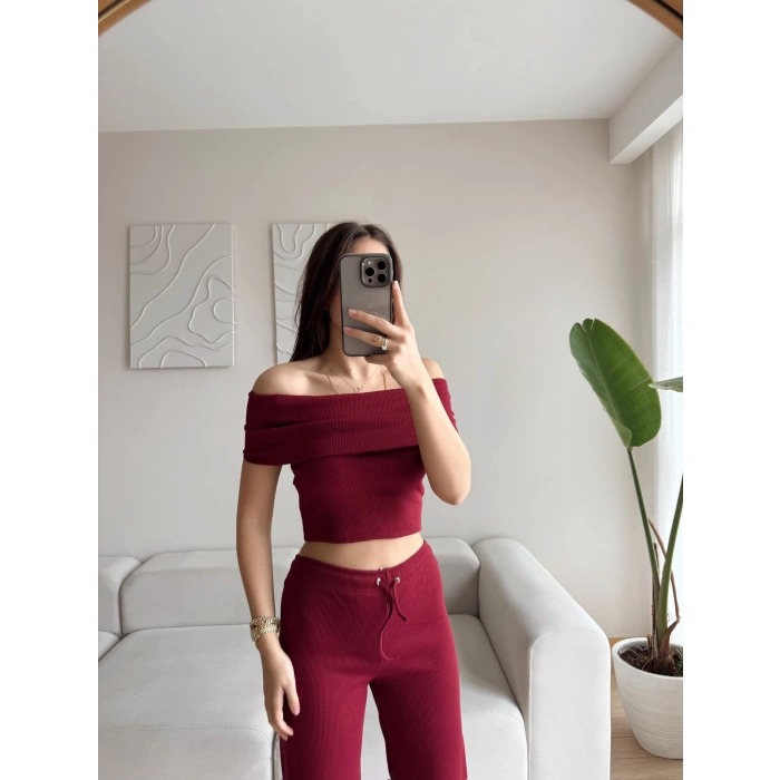 Madonna Crop & Pantolon Takım - BORDO
