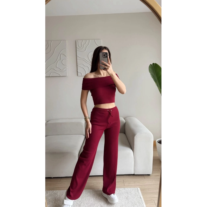 Madonna Crop & Pantolon Takım - BORDO
