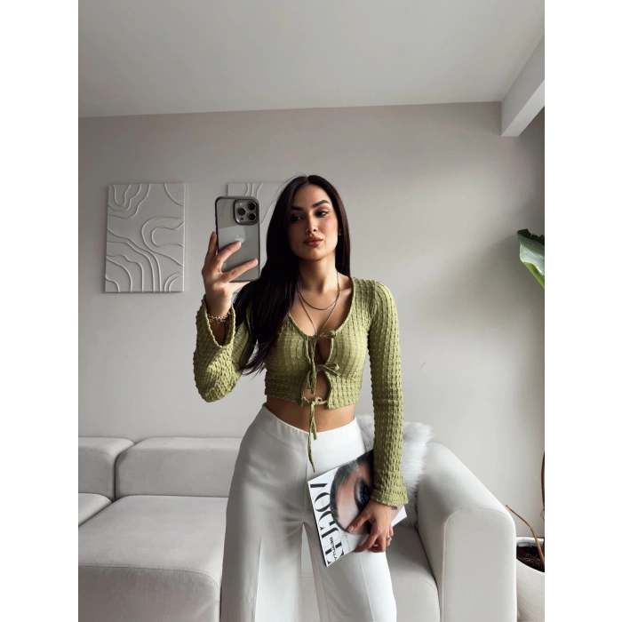 Ön Bağlamalı Kol İspanyol Bürümcük Bluz - YEŞİL