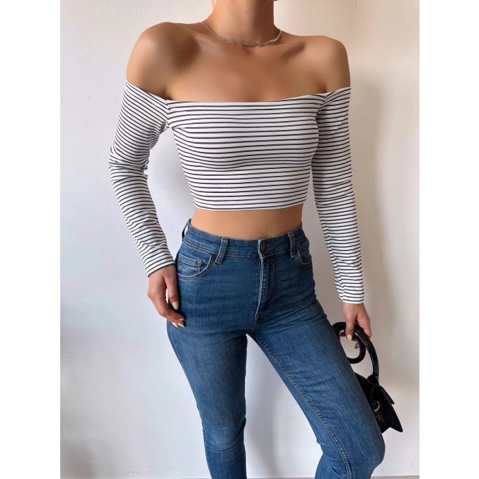 Madonna Yaka Çizgili Crop Bluz
