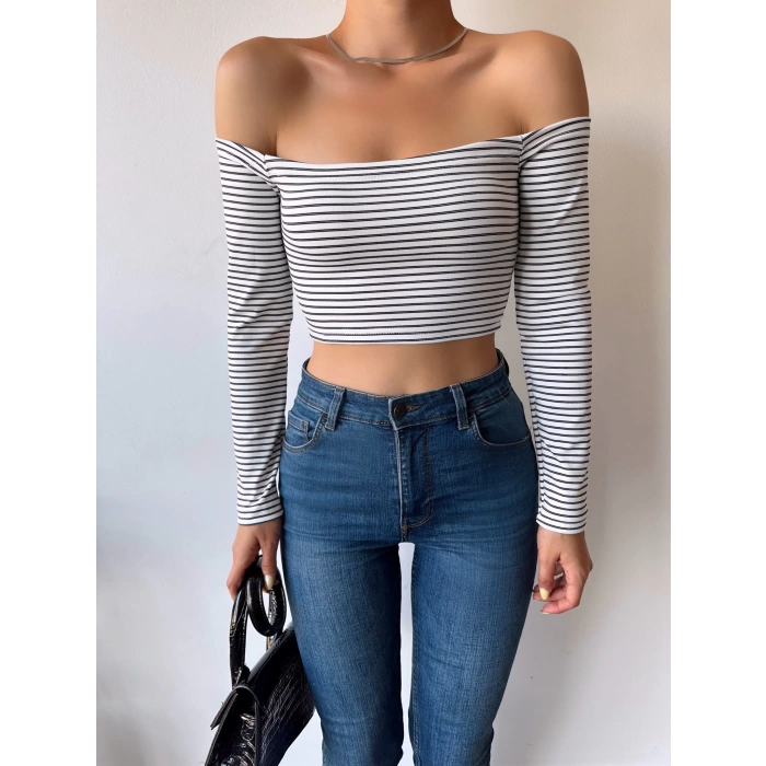 Madonna Yaka Çizgili Crop Bluz