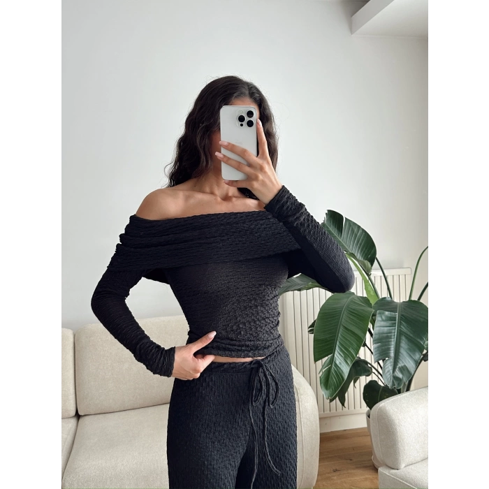 Madonna Yaka Crop & Pantolon Takım - SİYAH
