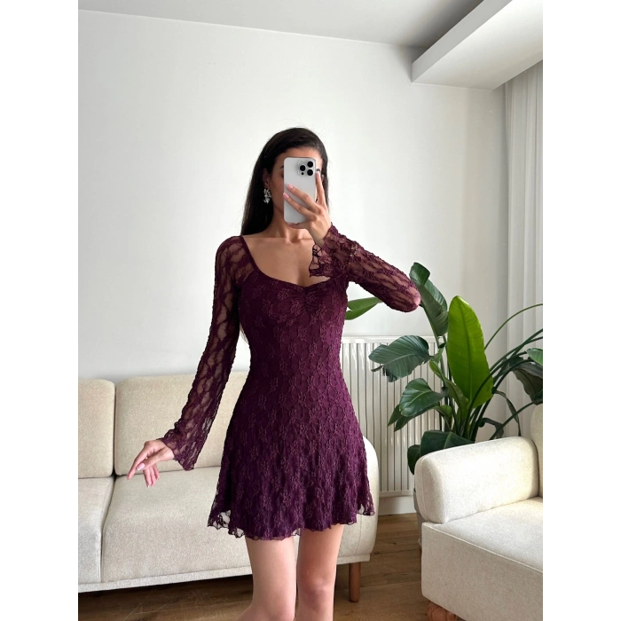 Madonna Yaka Dantel Astarlı Elbise - MOR