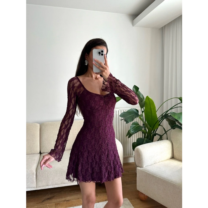 Madonna Yaka Dantel Astarlı Elbise - MOR