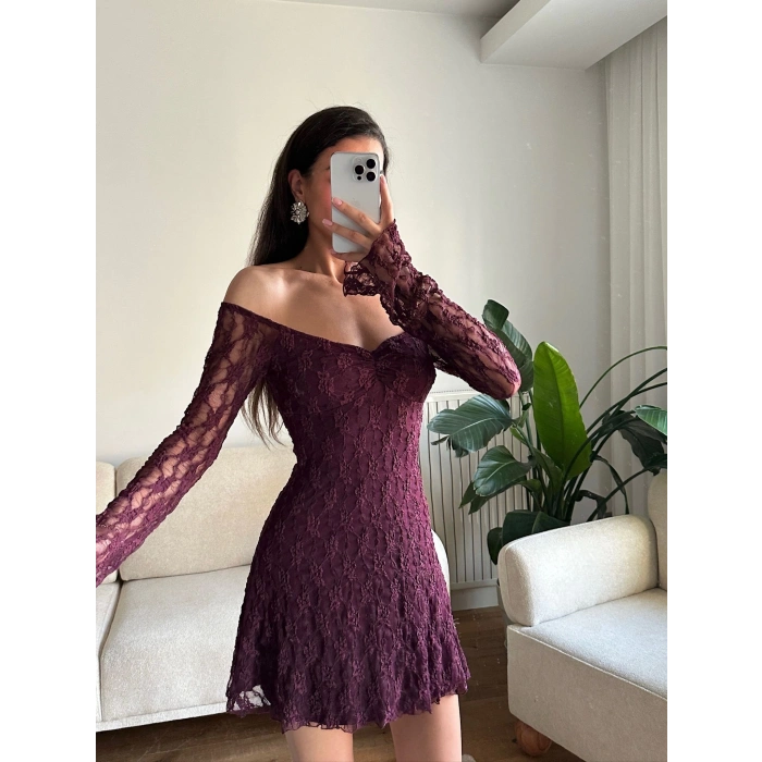 Madonna Yaka Dantel Astarlı Elbise - MOR