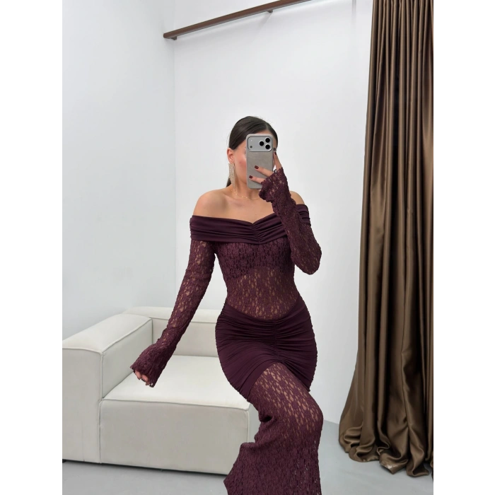 Madonna Yaka Dantel Elbise - BORDO