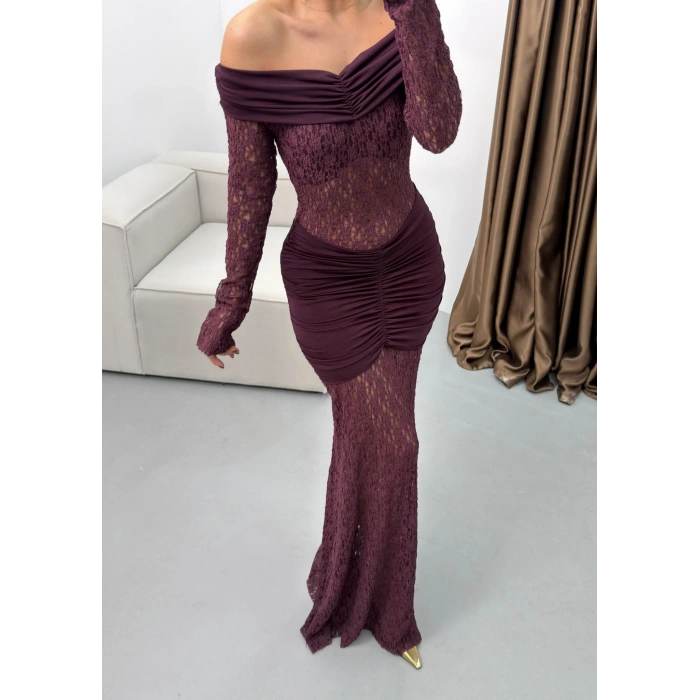 Madonna Yaka Dantel Elbise - BORDO